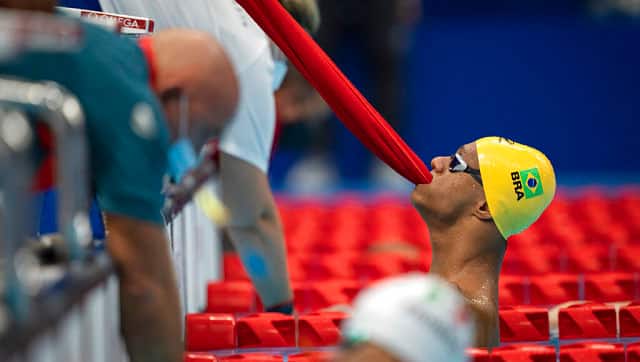 Gabriel Geraldo dos Santos Araujo from Brazil takes his position ahead of Men’s 100m Backstroke - S2 at the Tokyo Aquatics Centre during the Tokyo 2020 Paralympic Games. AP Photo