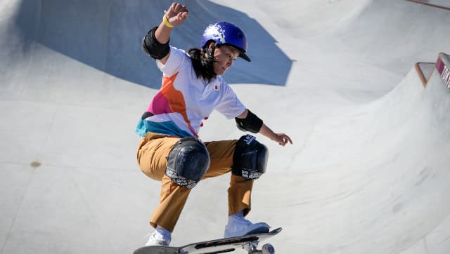 Japan's Sakura Yosozumi takes part in a women's park skateboarding practice session in the 2020 Tokyo Olympics. AP