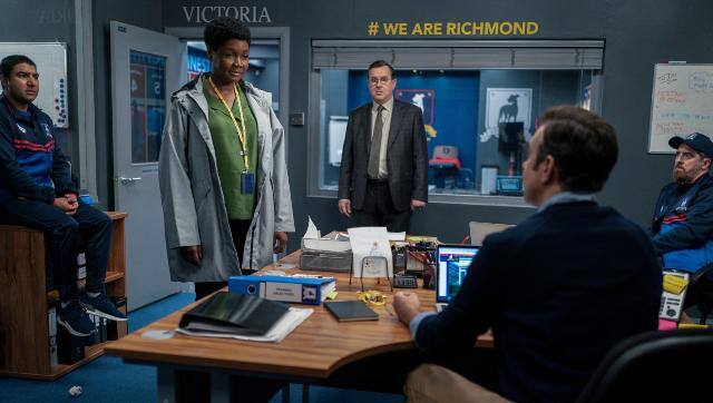 Nick Mohammed, Sarah Niles, Jeremy Swift, Jason Sudeikis and Brendan Hunt in a still from Ted Lasso | Apple TV+