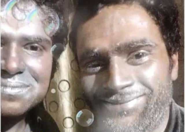 Umar Farooq, right, and Pulwama suicide bomber Adil Dar pose for a selfie while covered in aluminium powder