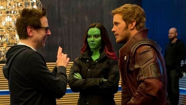 James Gunn, Zoe Saldana (as Gamora), and Chris Pratt (as Starlord) on the sets of Guardians of the Galaxy