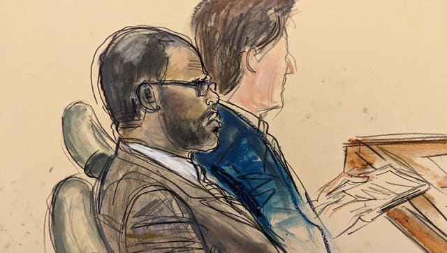 In this courtroom artist's sketch made from a video screen monitor of a Brooklyn courtroom, defendant R. Kelly, left, listens during the opening day of his trial, Wednesday, Aug. 18, 2021 in New York | (AP Photo/Elizabeth Williams)