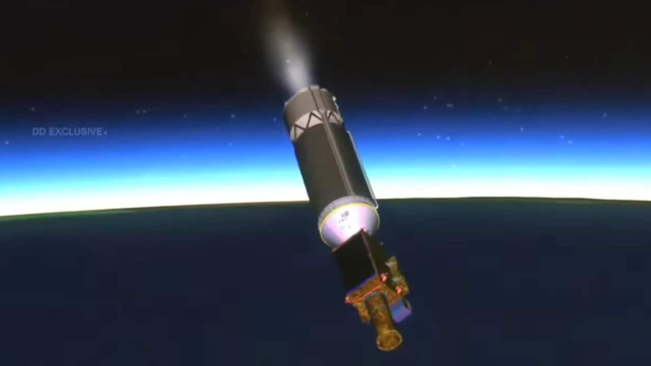 Screengrab from the EOS-03 mission launch showing GSLV-F10's third stage pitching downwards. Image credit: ISRO/YouTube/Karthik Naren