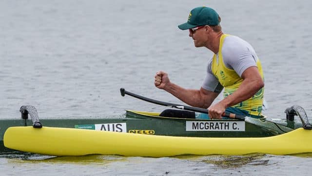 Australia's Curtis McGrath reacts after a heat of the canoe sprint men's va'a single (VL3 200m) during the Tokyo 2020 Paralympic Games at Sea Forest Waterway in Tokyo on September 2, 2021. (Photo by YASUYOSHI CHIBA / AFP)