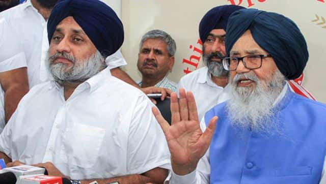 Former chief minister Parkash Singh Badal and SAD president Sukhbir Singh Badal. PTI 