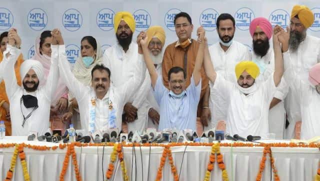 Delhi chief minster Arvind Kejriwal with AAP leaders in Amritsar, Punjab. PTI