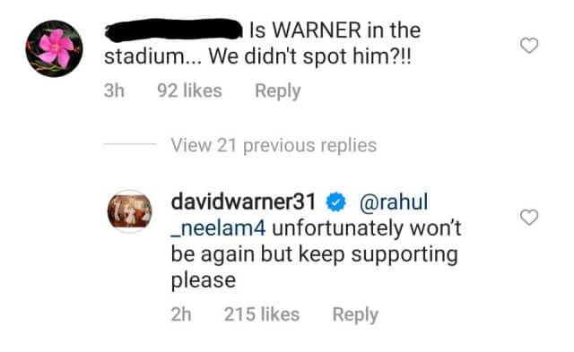 David Warner responded to a fan on whether he's missing from the stadium during an IPL game. Image: Instagram