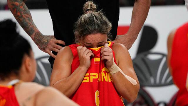 Spain’s Sonia Ruiz Escribano reacts after Germany defeated Spain in women’s wheelchair basketball quarterfinal at the Tokyo 2020 Paralympic Games, Tuesday, Aug. 31, 2021, in Tokyo, Japan. (AP Photo/Kiichiro Sato)