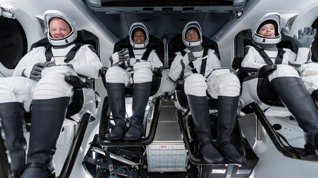 From left, Chris Sembroski, Sian Proctor, Jared Isaacman and Hayley Arceneaux sit in the Dragon capsule at Cape Canaveral in Florida, during a dress rehearsal for the upcoming launch. 