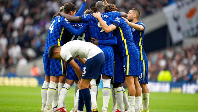 Chelsea players celebrate after N’Golo Kante’s goal against Tottenham Hotspur. AP Photo