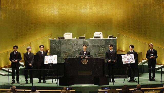 Members of South Korean K-pop band BTS, from left, V, Suga, Jin, RM, Jung Kook, Jimin and J-Hope appear at the United Nations meeting on Sustainable Development Goals during the 76th session of the U.N. General Assembly at U.N. headquarters on Monday, Sept. 20, 2021. (John Angelillo/Pool Photo via AP)