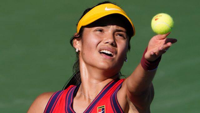 Emma Raducanu, of Great Britain, serves to Sara Sorribes Tormo, of Spain, during the third round of the US Open tennis championships, Saturday, Sept. 4, 2021, in New York. (AP Photo/Seth Wenig)