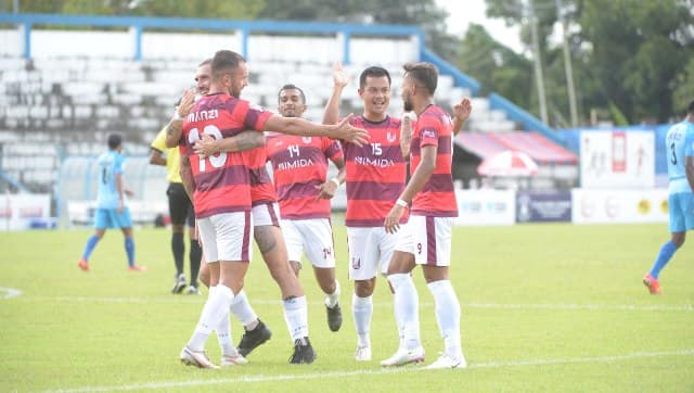 FC Bengaluru United players celebrate with Pedro Manzi after the Spaniard's goal against the Indian Air Force. Image: Durand Cup