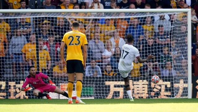 Brentford's Ivan Toney scores the opening goal of the game during the Premier League match at Molineux Stadium, Wolverhampton. AP (David Davies/PA Wire)