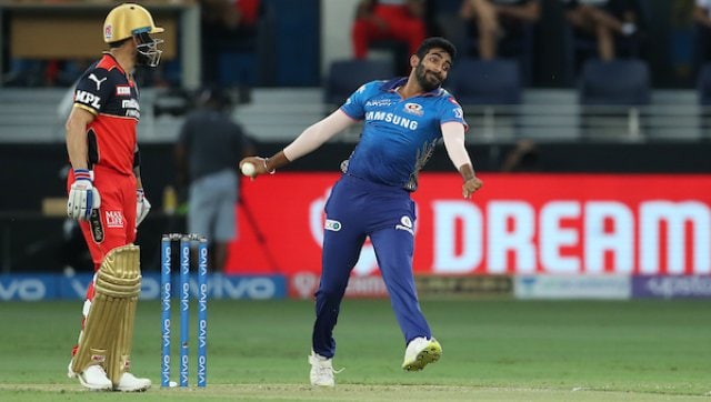 RCB's batting started off on the wrong note, with Jasprit Bumrah taking the early wicket of Devdutt Padikkal. Bumrah would go on to take the wickets of Glenn Maxwell and AB de Villiers as well. SportzPics