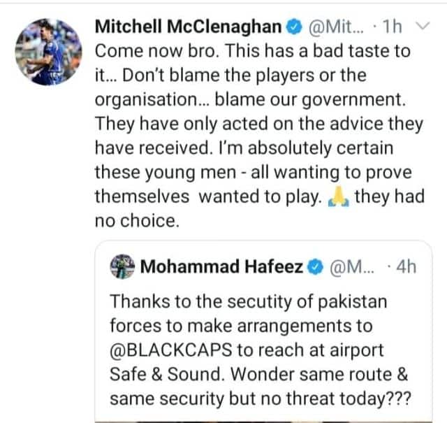 Mitchell McClenaghan replied to Mohammad Hafeez before deleting the tweet. 