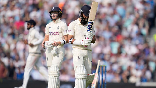 Moeen Ali wears a dejected look after being dismissed for 35 by Ravindra Jadeja. AP 