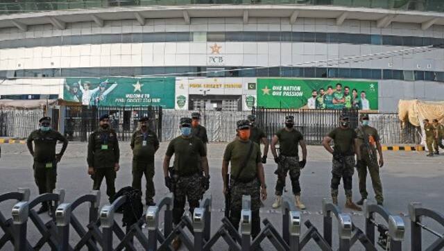 Policemen stand guard outside the Rawalpindi Cricket Stadium in Rawalpindi on 17 September, after New Zealand postponed a series of one-day international (ODI) cricket matches over security concerns. Image: AFP