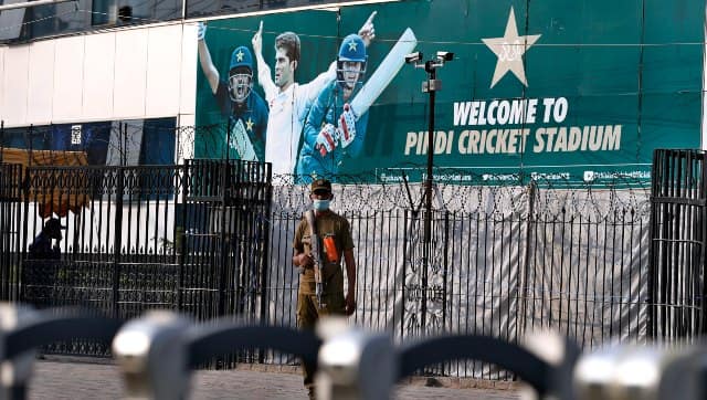 A police officer stands guard outside the Pindi Cricket Stadium in Rawalpindi, where the ODI series between Pakistan and New Zealand was to take place before the Black Caps pulled out citing security concerns. AP