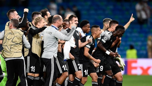 Sheriff Tiraspol players celebrate their stunning 2-1 victory over 13-time Champions League winners Real Madrid at the Santiago Bernabeu Stadium in Madrid. AP