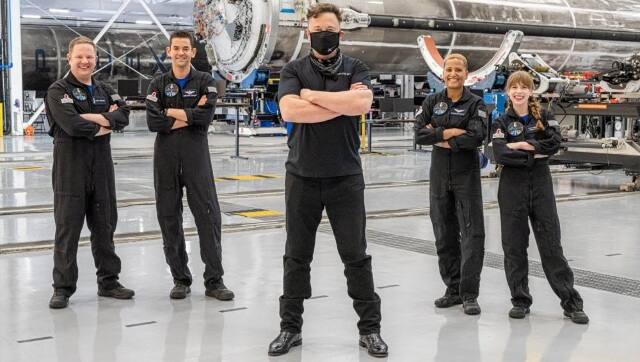 From left to right, are Chris Sembroski, Jared Isaacman, Elon Musk, Sian Proctor and Hayley Arceneaux. John Kraus/Inspiration4 via AP