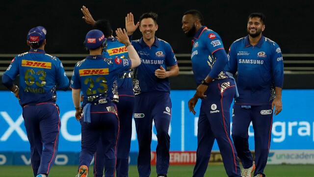 Mumbai Indians players celebrate the dismissal of Chennai Super Kings captain MS Dhoni. Sportzpics
