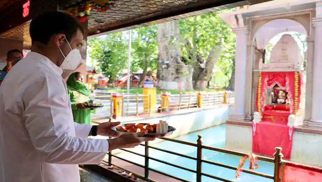 Rahul Gandhi offers prayers at the Kheer Bhawani temple in Jammu-Kashmir. PTI