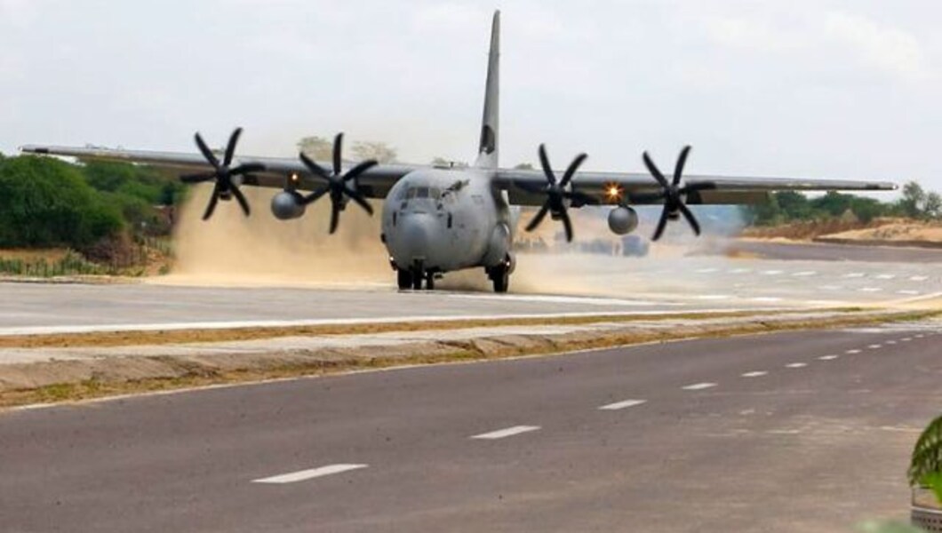 The C-130J Super Hercules transport aircraft carried Defence Minister Rajnath Singh, Roadways Minister Nitin Gadkari and Air Chief Marshal RKS Bhadauria to the event. Image Courtesy: @SpokespersonMoD/Twitter