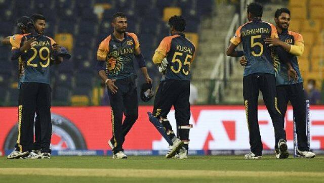 Sri Lankan players celebrate their victory over Ireland at the end of the ICC men&rsquo;s Twenty20 World Cup match. AFP
