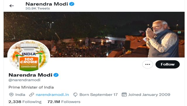 Narendra Modi changes Twitter profile picture to mark one billion vaccination milestone Narendra Modi changes Twitter profile picture to mark one billion vaccination milestone