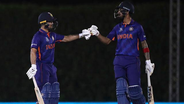 India’s KL Rahul, right, and Ishan Kishan during the T20 World Cup warm-up match between India and England in Dubai, UAE. AP