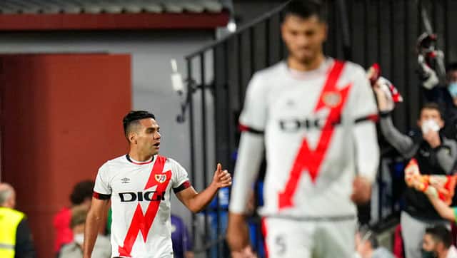 Rayo's Radamel Falcao celebrates after scoring his side's opening goal against Barcelona. AP