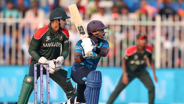 Charith Asalanka in action during the chase against Bangladesh. Asalanka’s knock of 80 consisted of five fours and as many sixes. AP 