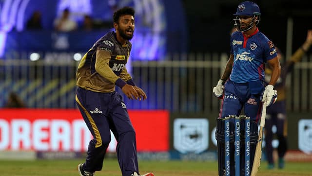 Varun Chakravarthy successfully appeals for LBW against Prithvi Shaw. Sportzpics