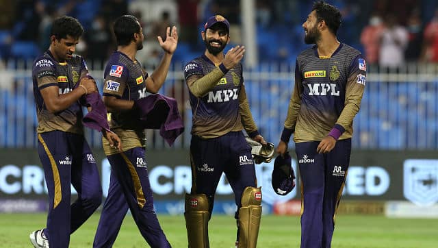 Kolkata Knight Riders players react after their win over Rajasthan Royals at the Sharjah Cricket Stadium. Sportzpics for IPL