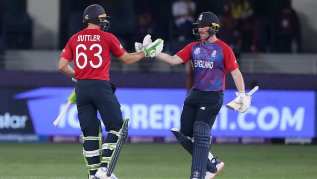 England skipper Eoin Morgan celebrates with wicketkeeper-batter Jos Buttler after guiding his side to a six-wicket win over West Indies. AP