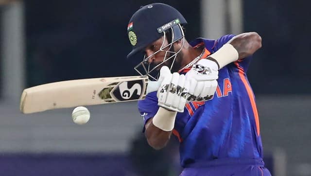 Hardik Pandya was hit on the shoulder by a short ball while batting during the India-Pakistan match. AP Photo