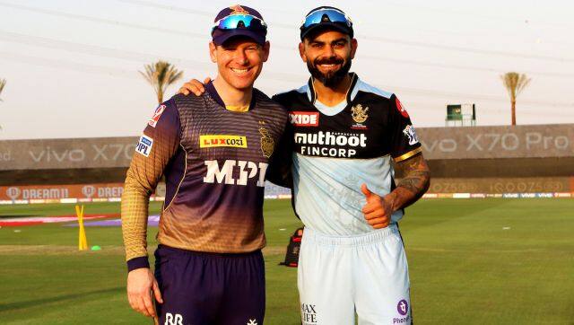 Eoin Morgan captain of Kolkata Knight Riders and Virat Kohli captain of Royal Challengers Bangalore during the toss of the match 31 of the Vivo Indian Premier League between the Kolkata Knight Riders and the Royal Challengers Bangalore held at the Sheikh Zayed Stadium, Abu Dhabi in the United Arab Emirates on the 20th September 2021 Photo by Vipin Pawar / Sportzpics for IPL