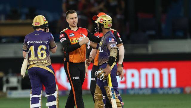 Players shake hands after the match during match 49 of the Vivo Indian Premier League between the KOLKATA KNIGHT RIDERS and the SUNRISERS HYDERABAD held at the Dubai International Stadium in the United Arab Emirates on the 3rd October 2021 Photo by Ron Gaunt / Sportzpics for IPL