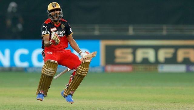 K.S Bharat of Royal Challengers Bangalore celebrating the win during match 56 of the Vivo Indian Premier League between the ROYAL CHALLENGERS BANGALORE and the DELHI CAPITALS held at the Dubai International Stadium in the United Arab Emirates on the 8th October 2021 Photo by Saikat Das / Sportzpics for IPL