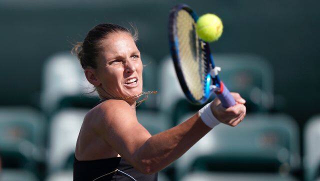 Karolina Pliskova, of the Czech Republic, returns to Beatriz Haddad Maia, of Brazil, at the BNP Paribas Open tennis tournament Monday, Oct. 11, 2021, in Indian Wells, Calif. (AP Photo/Mark J. Terrill)