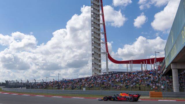 Red Bull driver Max Verstappen, of the Netherlands, drives into a turn during a practice session for the Formula One U.S. Grand Prix auto race at the Circuit of the Americas, Saturday, Oct. 23, 2021, in Austin, Texas. (AP Photo/Nick Didlick)