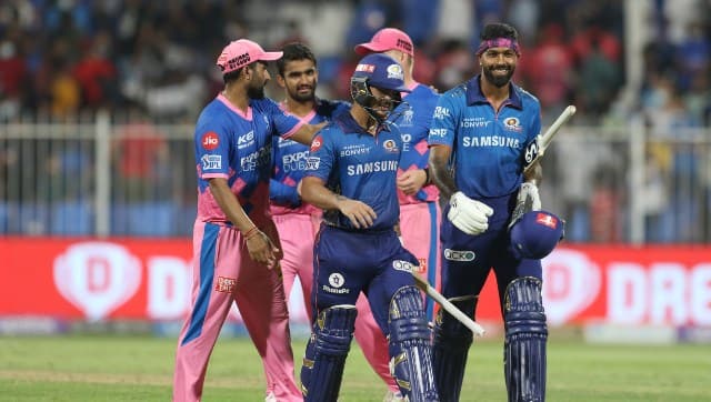 Ishan Kishan and Hardik Pandya celebrate after guiding Mumbai Indians to a crushing eight-wicket win over Rajasthan Royals at Sharjah on Tuesday. Sportzpics