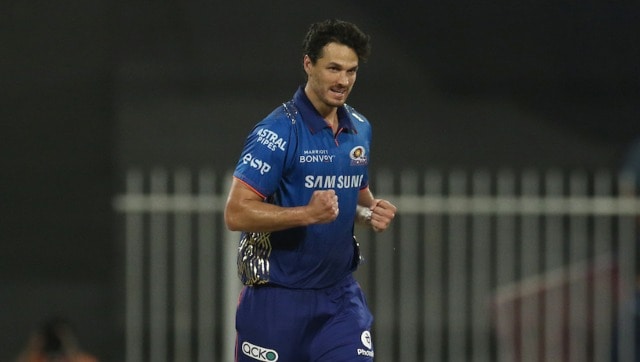 Nathan Coulter-Nile of Mumbai Indians celebrates the wicket of Glenn Philipps of Rajasthan Royals during match 51 of the Vivo Indian Premier League between the RAJASTHAN ROYALS and the MUMBAI INDIANS held at the Sharjah Cricket Stadium, Sharjah in the United Arab Emirates on the 5th October 2021 Photo by Deepak Malik / Sportzpics for IPL