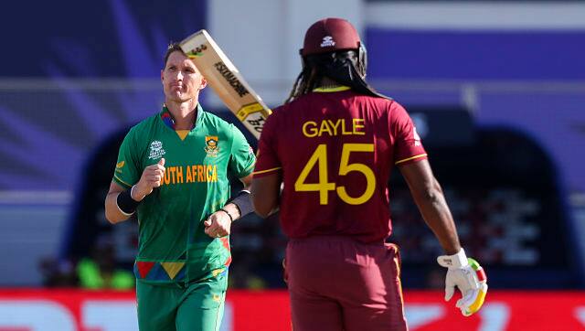 Dwaine Pretorius celebrates taking the wicket of Chris Gayle. Pretorius finished with impressive figures of 3/17 from two overs. West Indies were restricted to 143/8 from 20 overs. AP 