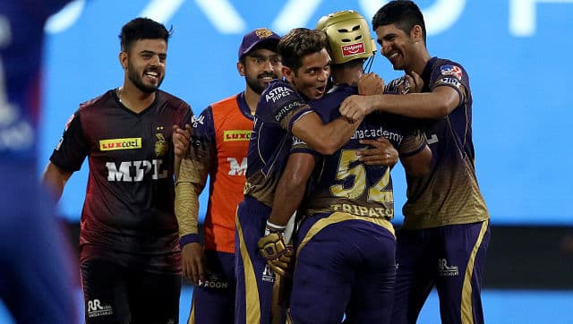 Kolkata Knight Riders players celebrate wildly after their last-gasp three-wicket win over Delhi Capitals. Sportzpics