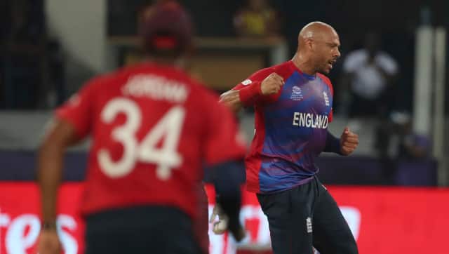 Tymal Mills celebrates after getting Nicholas Pooran caught behind for 1. AP