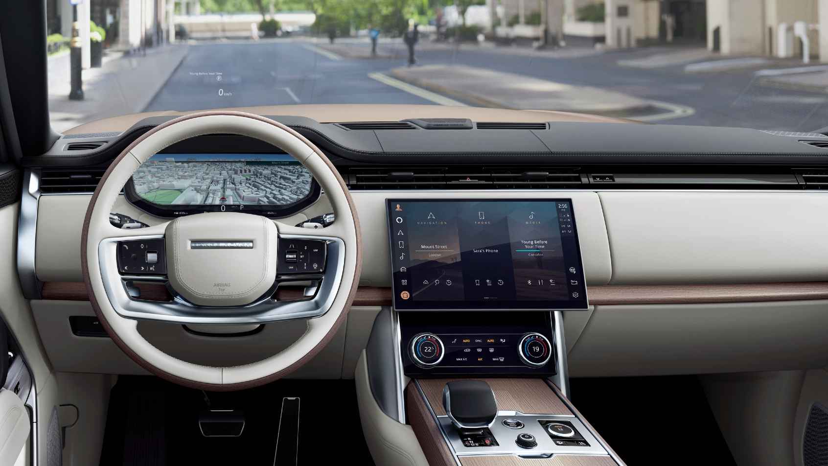 Minimalist theme carries over to the inside; 13.1-inch touchscreen features Alexa integration. Image: Land Rover