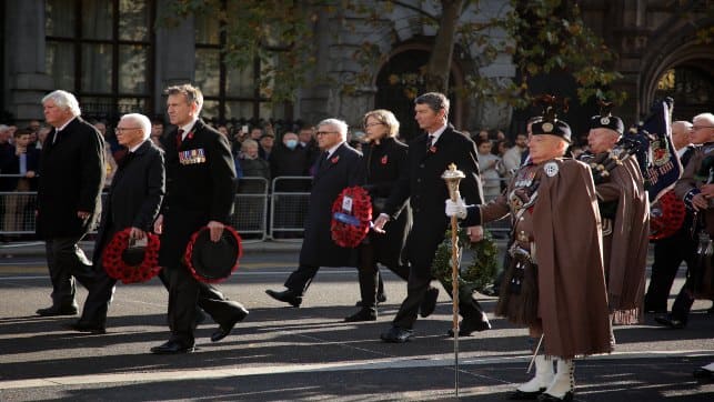 British Labour Party MP and Mayor of South Yorkshire Dan Jarvis, third from left, carries a poppy wreath at the Cenotaph during a Service of Remembrance in London on Thursday. AP 