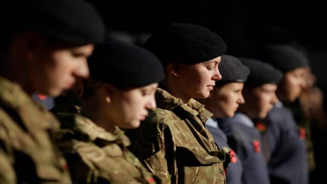 Military personnel attend a Service of Remembrance at the Cenotaph on Whitehall in London on Thursday. AP